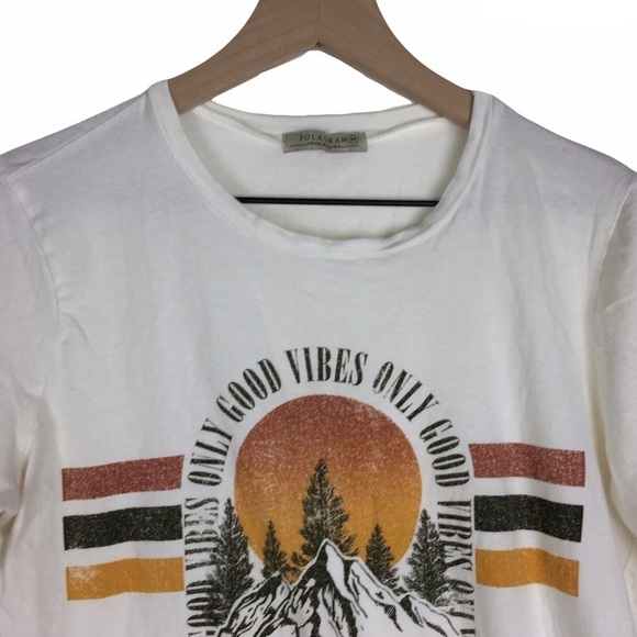 POLAGRAM Graphic T Shirt Short Sleeve Only Good Vibes Stripe Mountains Medium - Picture 2 of 12